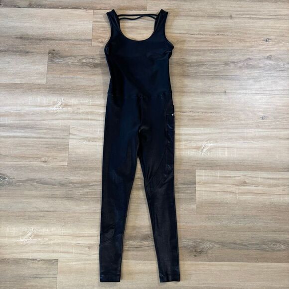 Koral Women's Size S Jet Jumpsuit Fitted Metallic Black Catsuit Open Back Yoga - Picture 1 of 5